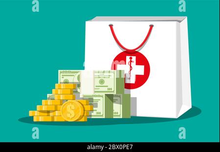 Medizinbeutel und Geld in Dollar-Banknoten, Goldmünzen. Kosten und Ausgaben für die Gesundheitsversorgung, Ausgaben für Medikamente. Krankenversicherung. Apotheke und Gesundheitswesen. Vektorgrafik im flachen Stil Stock Vektor