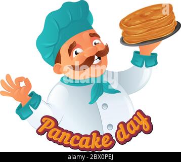 Vektor Pancake Day lustige Illustration mit Cartoon mustachioed Koch in Hut mit Grillplatte oder Teller, Happy Shrrove Dienstag Urlaub isoliert auf w Stock Vektor