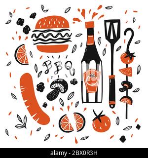Das Element von Hand gezeichnet von BBQ, Vektor Illustration Doodle Stil. Stockfoto