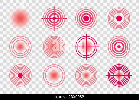 Schmerz roter Kreis oder Lokalisierungszeichen, schmerzende Ort Zeichen, abstraktes Symbol für Schmerzen, Wunde Stelle oder verletzt Körperteil Marker, Design-Element für Schmerzmittel Werbung und medizinische Informationen Poster eps 10 Stock Vektor