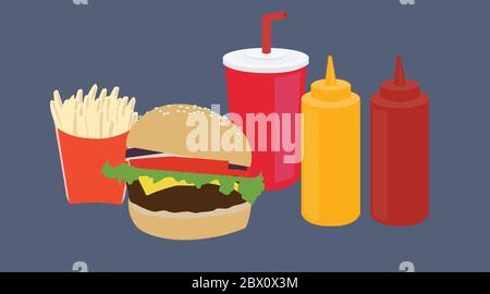 Vektor isoliert Illustration eines Burger Take Away Set, mit Burger, einem Papier-Take-Away-Beutel, Pommes, Ketchup und Senfflaschen und einem Trinkbecher mit a s. Stock Vektor