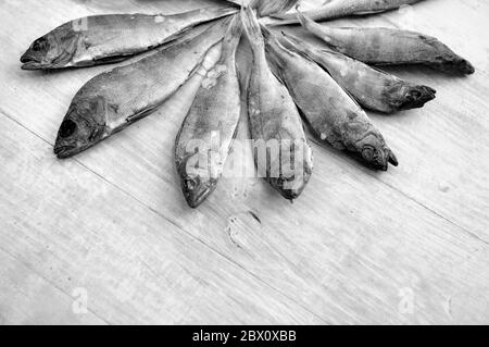 Ausgekleidete getrocknete Fischmuster auf einer Holzoberfläche. Getrocknete Fisch Produkt Hintergrund Textur. Stockfoto