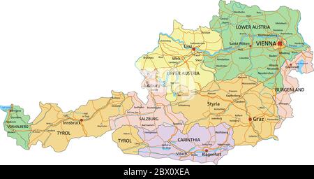 Österreich - sehr detaillierte editierbare politische Karte mit Beschriftung. Stock Vektor