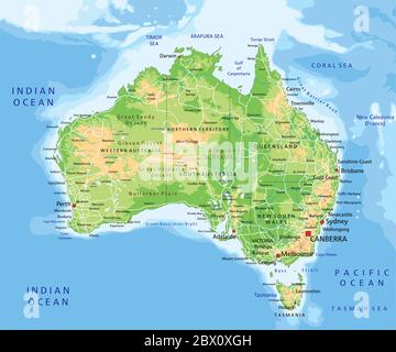 Detaillierte physische Karte mit Beschriftung für Australien. Stock Vektor