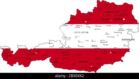 Österreich sehr detaillierte politische Karte mit Nationalflagge. Stock Vektor