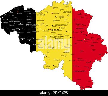 Belgien sehr detaillierte politische Karte mit Nationalflagge. Stock Vektor