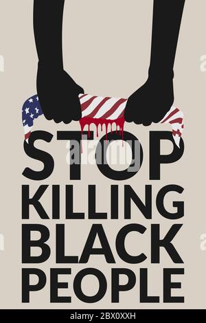 Schwarze Leben Materie Konzept. Hände von schwarzen Menschen verdrehte amerikanische Flagge Stoff, Blut aus dem Stoff über Text "Stopp töten schwarze Menschen" abgelassen Stock Vektor