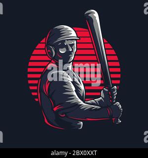 Baseball-Sport-Team Club Emblem graviert Retro-Vintage-Logo Grafik-Design-Vorlage mit Spiel Spieler Silhouette isoliert auf schwarzem Hintergrund Vector s Stock Vektor