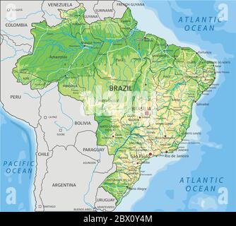 Detaillierte Brasilien physikalische Karte mit Beschriftung. Stock Vektor