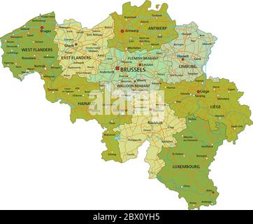 Sehr detaillierte editierbare politische Karte mit getrennten Ebenen. Belgien. Stock Vektor