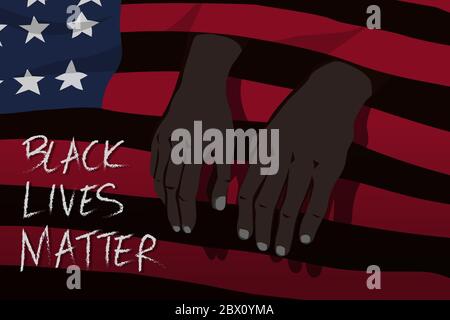 Black Lives Matter Concept. Hände schwarzer Menschen sifteten aus dem Loch der schwarzen Räume der Amerika-Flagge, um die Einschränkung der Menschenrechte zu vermitteln Stock Vektor