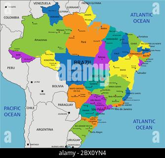 Bunte politische Landkarte Brasiliens mit klar gekennzeichneten, getrennten Schichten. Vektorgrafik. Stock Vektor