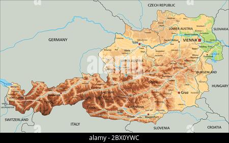 Detaillierte Österreich-Karte mit Beschriftung. Stock Vektor