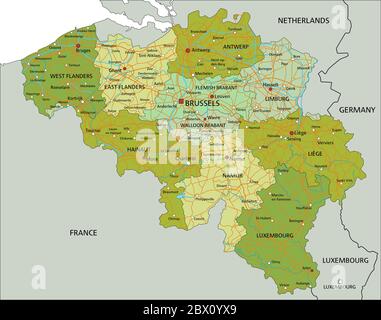 Sehr detaillierte editierbare politische Karte mit getrennten Ebenen. Belgien. Stock Vektor