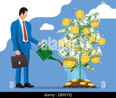 Geschäftsmann Bewässerung Geld Münzbaum mit Dose. Wachsender Geldbaum. Investitionen, Investitionen. Goldmünzen und Dollarnoten auf den Zweigen. Symbol des Reichtums. Geschäftserfolg. Abbildung flacher Vektorgrafiken. Stock Vektor