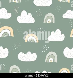 Nordisches Nahtmuster. Regenbogen, Wolken und Punkte Stock Vektor