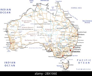 Detaillierte Australien Straßenkarte mit Beschriftung. Stock Vektor