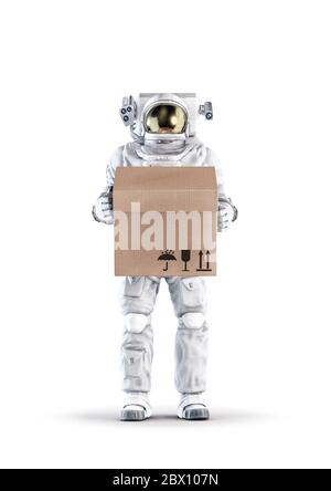 Astronaut mit Box Lieferung / 3D-Abbildung des Raumanzugs trägt männliche Figur hält Karton isoliert auf weißem Studio-Hintergrund Stockfoto