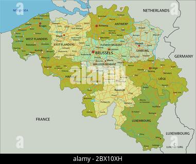 Sehr detaillierte editierbare politische Karte mit getrennten Ebenen. Belgien. Stock Vektor
