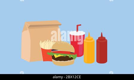 Vektor isoliert Illustration eines Burger Take Away Set, mit Burger, einem Papier-Take-Away-Beutel, Pommes, Ketchup und Senfflaschen und einem Trinkbecher mit a s. Stock Vektor