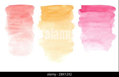 Aquarell dekorative Strukturflecken in knalligen Pink-, Gelb- und Orange-Farben. Trendige Farbtextur Streifen und Farbe Pinselstriche Stockfoto