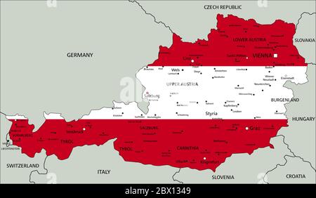 Österreich sehr detaillierte politische Karte mit Nationalflagge. Stock Vektor