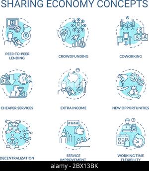 Sharing Economy Türkis Konzept Symbole gesetzt. Serviceverbesserung. Zusammenarbeit bei der Arbeit an Business-Projekt Idee dünne Linie RGB-Farbillustrationen. Vecto Stock Vektor