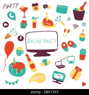 Symbol für Online-Party gesetzt. Zeichen für die Feier des Doodle. Handgezeichnete flache Vektorgrafik. Stock Vektor