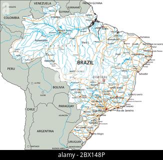 Detaillierte Brasilien-Straßenkarte mit Kennzeichnung. Stock Vektor