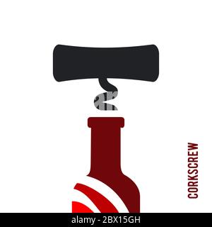 Schild Schwarzer Korkenzieher und eine Flasche Rotwein. Design moderne Logos für Unternehmen. Vektor-Logo auf weißem Hintergrund isoliert. Stock Vektor