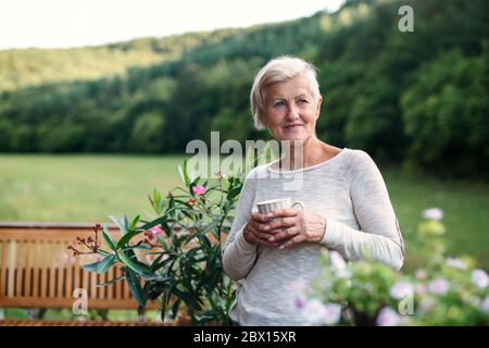 Ältere Frau mit Kaffee im Freien auf einer Terrasse im Sommer. Stockfoto