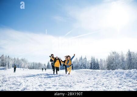 Gruppe von jungen Freunden auf einem Spaziergang im Freien im Schnee im Winterwald, Laufen. Stockfoto