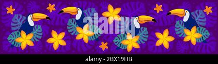 Tropisches Webbanner mit niedlichen Tukanen, Monstera-Blättern und Plumeria-Blumen. Hintergrund des Profils in sozialen Medien. Abbildung flacher Vektorgrafiken. Stock Vektor