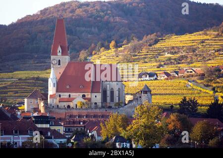 Herbstansicht des kleinen österreichischen Dorfes Weissenkirchen in der Wachau an einem Donauufer, Bezirk Krems-Land, Wachau-Tal, Österreich Stockfoto