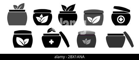 Set Vektor-Symbole von Gläsern mit natürlichen Creme. Icon Umweltcreme für die Haut. Stock Vektor