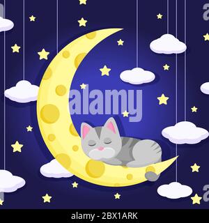 Süße Katze schläft auf dem Mond. Gutes Design-Konzept bei Nacht. Kindliche Vektorgrafik. Cartoon Kitten Sitzplätze auf Halbmond um Mitternacht. Katzträumen Stock Vektor