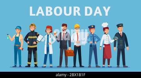 Tag der Arbeit. Professionelle Arbeiter Gruppe, glückliche Profis von verschiedenen Jobs zusammen stehen und Labor Day Poster oder Grußkarte Vektor Stock Vektor