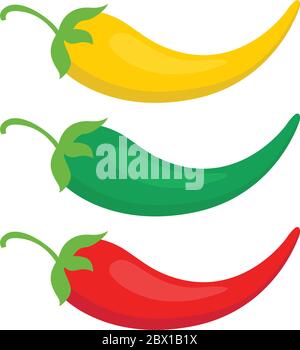 Farbe festlegen Chili-Pfeffer-Symbol gelb, grün und rot Chili-Pfeffer-Vektor Illustration isoliert Stock Vektor