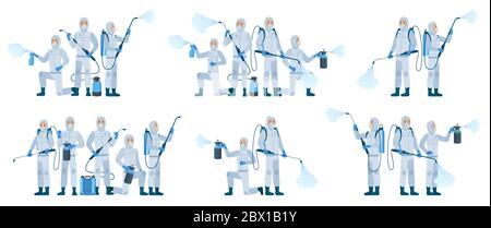 Antivirale Desinfektion. Personen, die Schutzanzüge und Gesichtsmasken tragen, verwenden Desinfektionsspray. Desinfektion Team, Coronavirus Schutz Cartoon Vektor Stock Vektor
