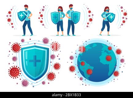 Schützen Sie sich vor Corona-Virus. Menschen kämpfen Covid-19, Gesundheitsschutz gegen Virus und Coronavirus rund um den Globus Vektor-Illustration-Set Stock Vektor