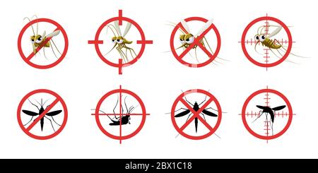 Schild mit Anti-Mückenschutz. Informative rot verboten Moskito Ziel, Signalisierung Stopp Mücke beißen gefährliche Infektion, Sanitär-Pflege. Vektorsatz Stock Vektor