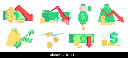 Finanzkrise, Geldverlust. Rezession, Bankrott und Marktversagen. Schlechtes Einkommen, Konkurs und Inflation Business Vektor Illustration Set Stock Vektor
