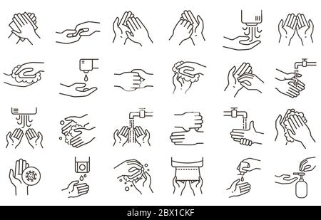 Symbole für Händewaschen und Desinfektion. Hände Desinfektionsmittel, reiben mit Seife und Keim Schutz. Reinigen Hände Linie Symbol für Bad Vektor Illustration Set Stock Vektor