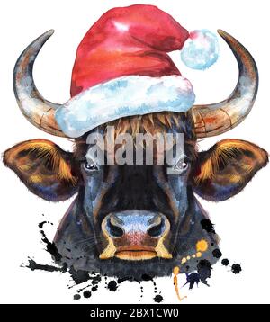 Aquarell Illustration von schwarzen mächtigen Stier in Santa Hut mit Spritzern Stockfoto