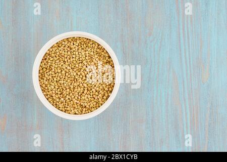 Grüner Buchweizen in weißer Schüssel auf blauem Holztisch, glutenfreies Vollkorn, fodmap Diät Stockfoto