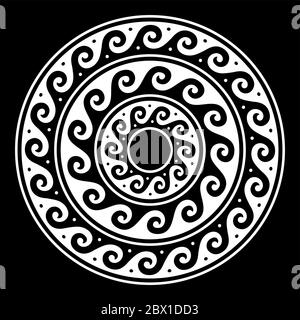 Griechisches Vektor-Mandala, Antike runde Mäander-Kunst in Weiß auf schwarzem Hintergrund Stock Vektor