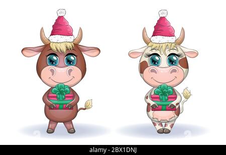 Niedliche Cartoon Kuh, Stier mit einem Weihnachtsgeschenk und in einem roten weihnachtsmann Hut, Symbol 2021 auf dem östlichen Kalender Stock Vektor