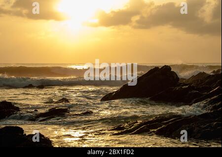 Wellen brechen an einer felsigen Küste bei Sonnenaufgang. Goldenes Leuchten spiegelt sich über dem glitzernden Wasser. Stockfoto