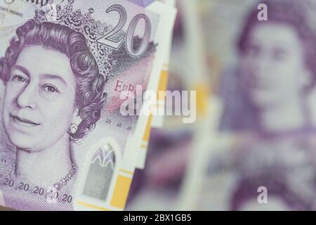 Nahaufnahme Bilder von 20 Pfund Noten UK Currancy Stockfoto