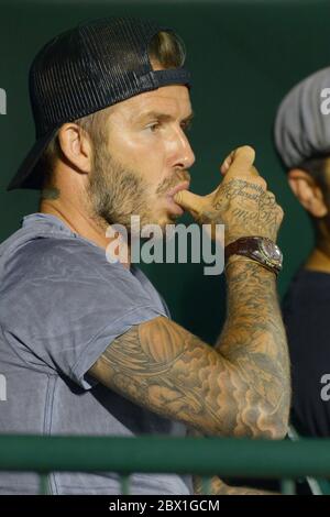 David Beckham zusammen mit Brooklyn, Romeo und Cruz sehen das Major League Baseball Spiel LA Angels gegen Chicago White Sox, Angels Stadium, Anaheim, CA Stockfoto